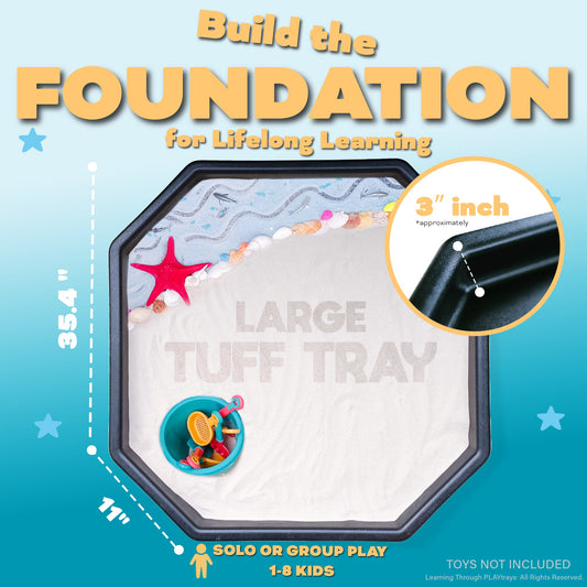 Large black TUFF PLAYtray for sensory play, durable and portable for indoor and outdoor use, ideal for toddlers.