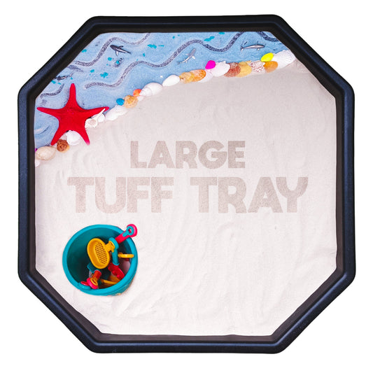 Large black TUFF PLAYtray for sensory play, durable design for toddlers, features spacious area and tactile surface for indoor and outdoor use.