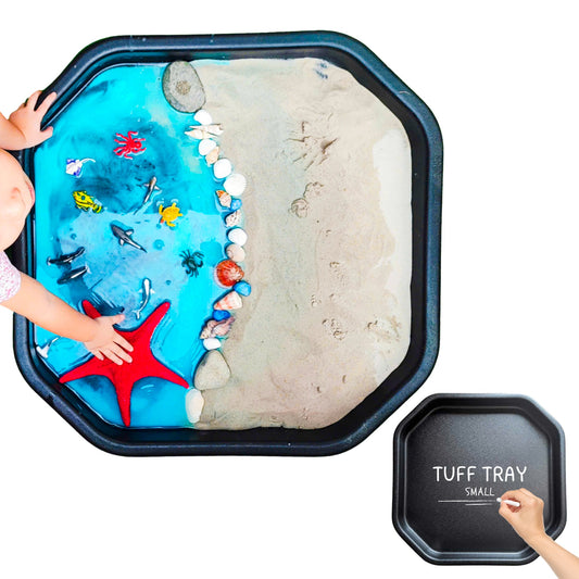 Small TUFF PLAYtray in black with sensory textured surface, ideal for creative and educational play.