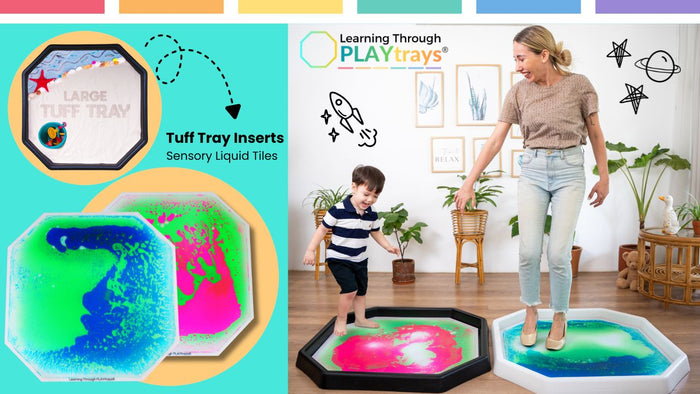 tuff tray sensory play setup with glow in the dark inserts in bright playroom