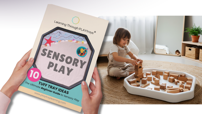 Cover of a free sensory play guidebook by Learning Through PLAYtrays featuring a black Tuff Tray