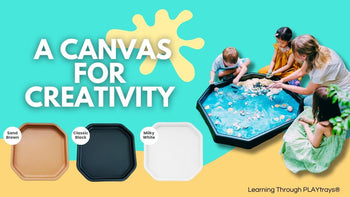 Kids exploring sand sensory play on a black Tuff Tray used for small world play. 