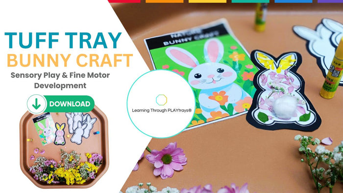 Children’s Easter tuff tray activity filling a bunny with petals using glue stick fine motor sensory play free printable