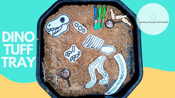 Dinosaur fossil dig tuff tray setup with sand for Kids 