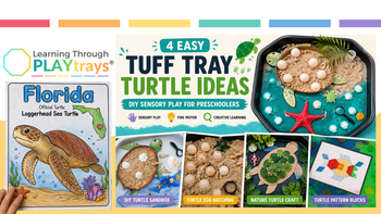 Colorful tuff tray turtle ideas with sea turtle sensory bin, turtle egg hatching, nature craft, and preschool ocean play.