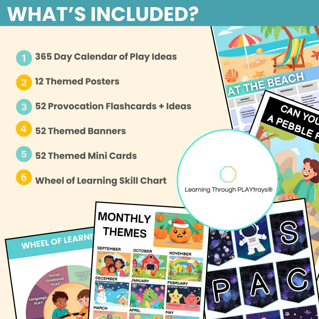 Educational materials including a 365 Day Calendar of Play Ideas, themed posters, flashcards, banners, mini cards, and a Learning Skill Chart on a beige background.