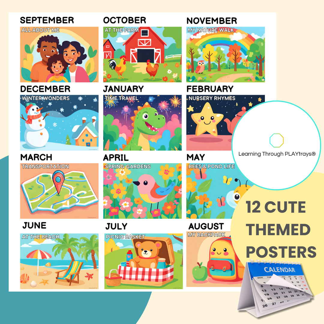 12-month themed sensory idea posters with a calendar on a light beige background