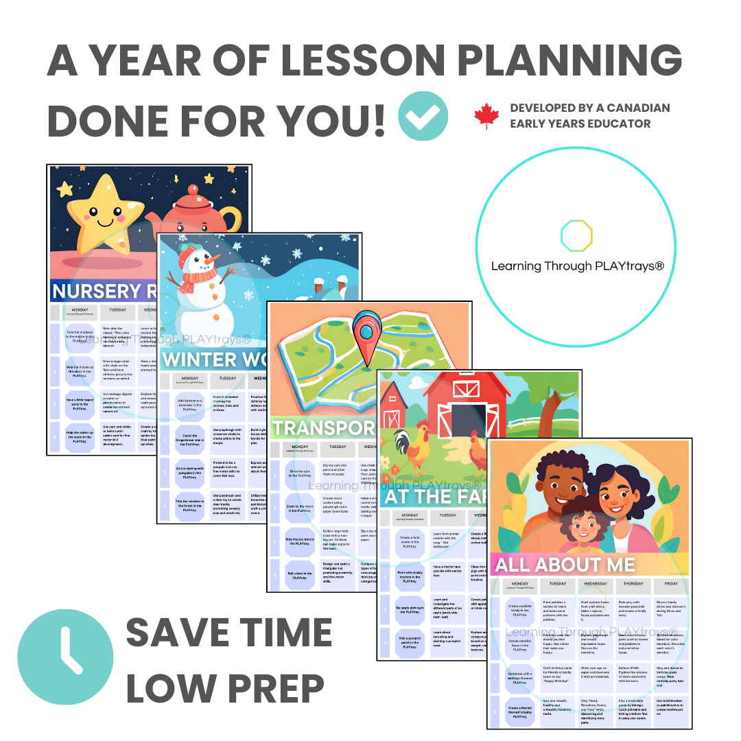 Educational lesson planning materials for preschool sensory play with colorful designs and text on a white background