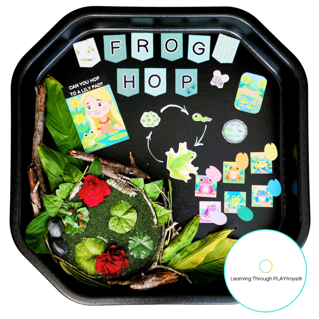 Frog-themed educational toy tuff tray play with pieces and a black tray labeled 'Frog Hop' with chia seed pond