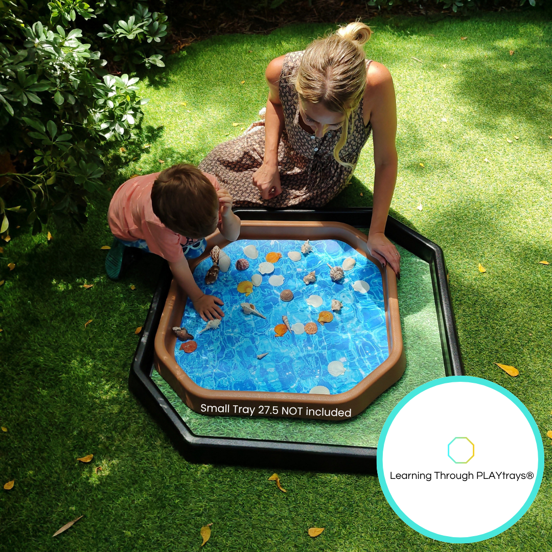 Small double-sided sensory play mat insert with grass and water textures for toddlers and kids in a tray setting