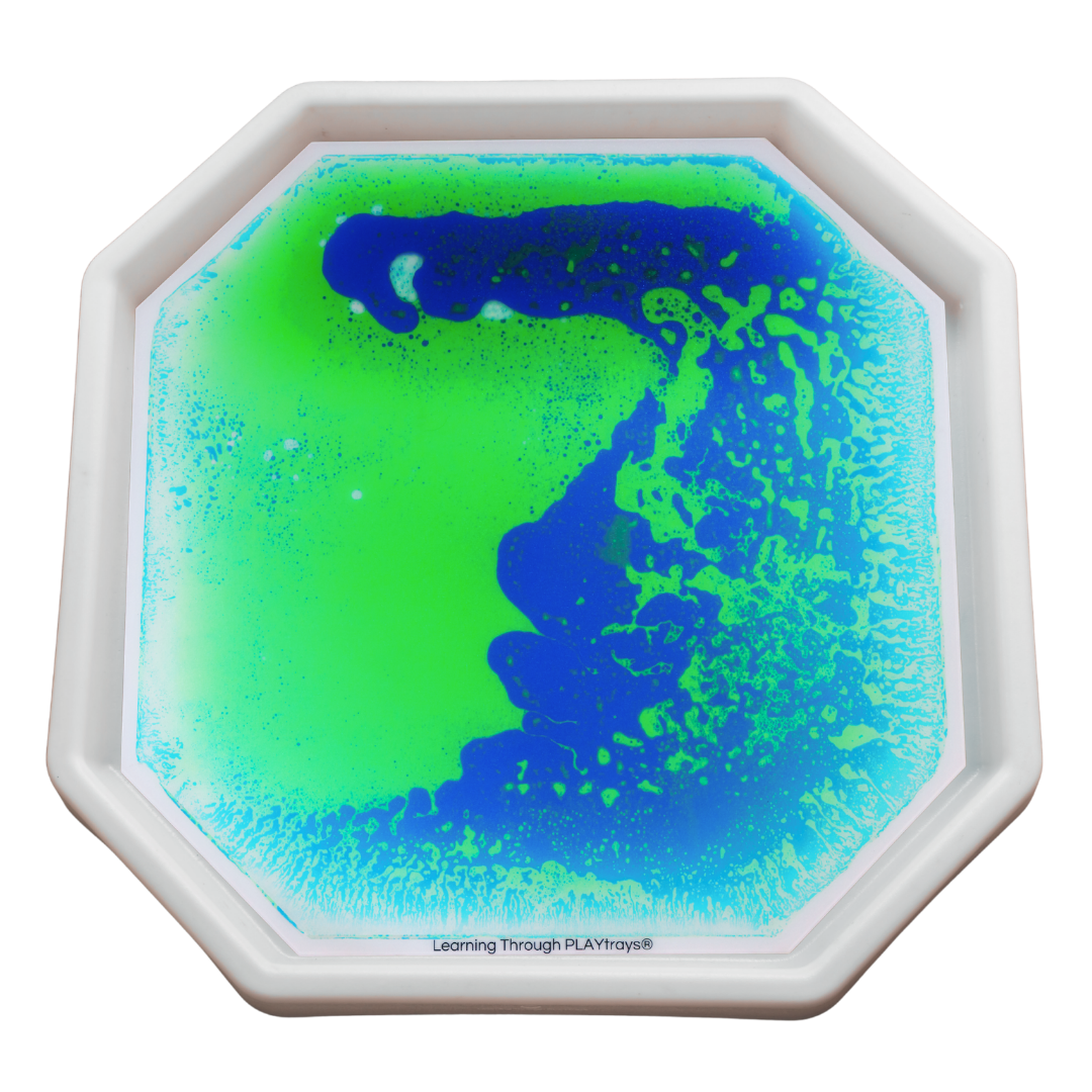 Octagonal tuff tray with blue and green sensory insert on a white background