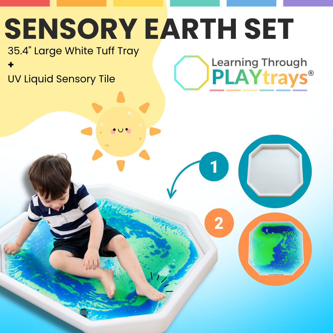 Sensory Earth Set with child playing on a large white tuff tray featuring a UV liquid sensory tile, branded 'Learning Through PLAYtrays'.