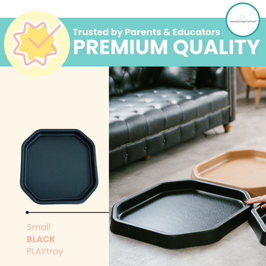 Small black PLAYtray for sensory activities and crafts, trusted quality, easy to clean, ideal for educational play.