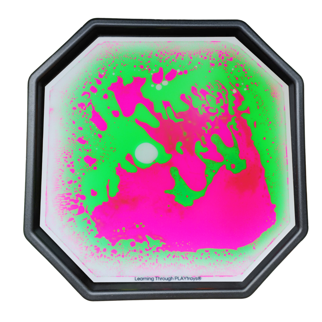 Octagonal tuff tray with pink and green liquid UV insert design on a white background