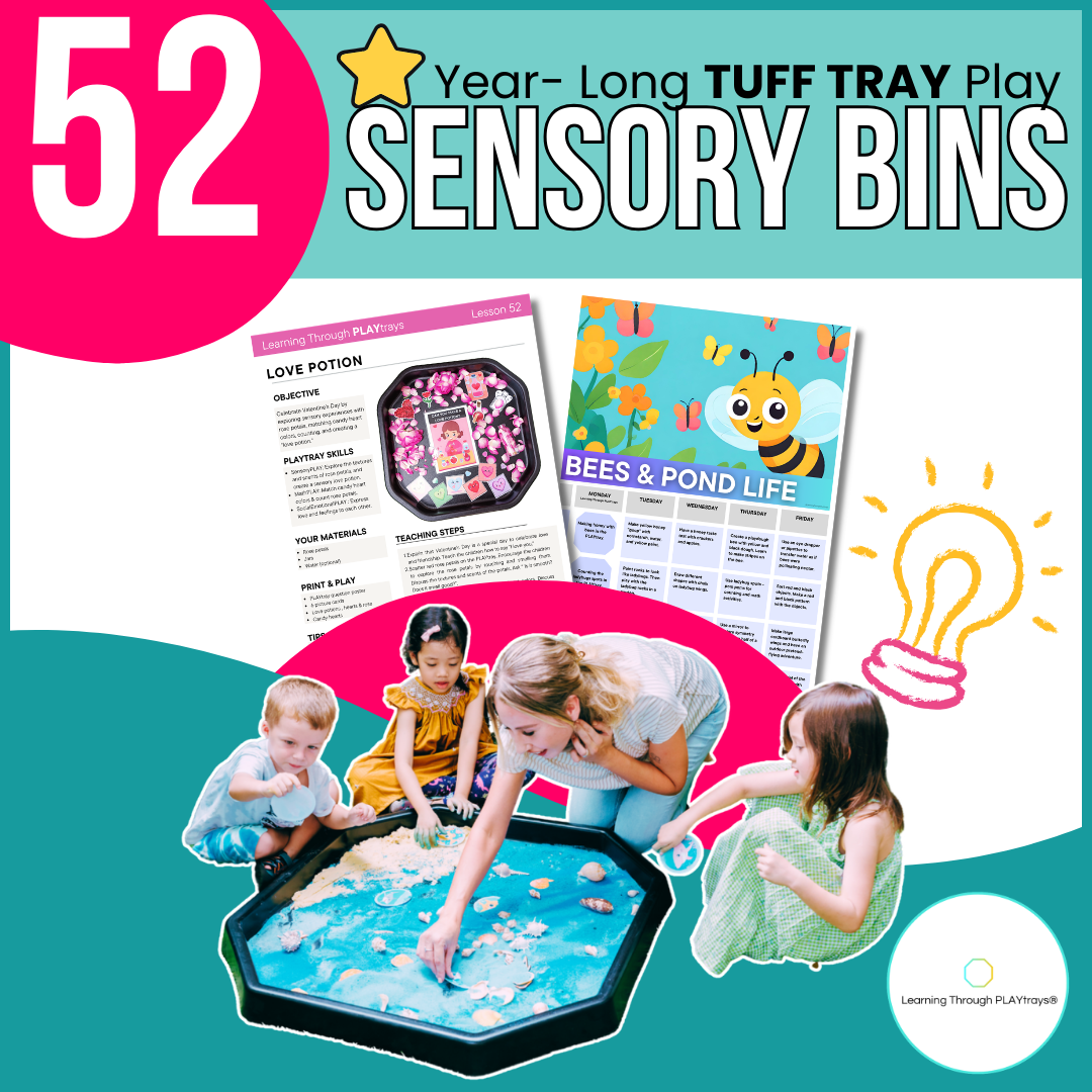Promotional image for '52 Year-Long TUFF TRAY Play Sensory Bins' with children playing and activity sheets.