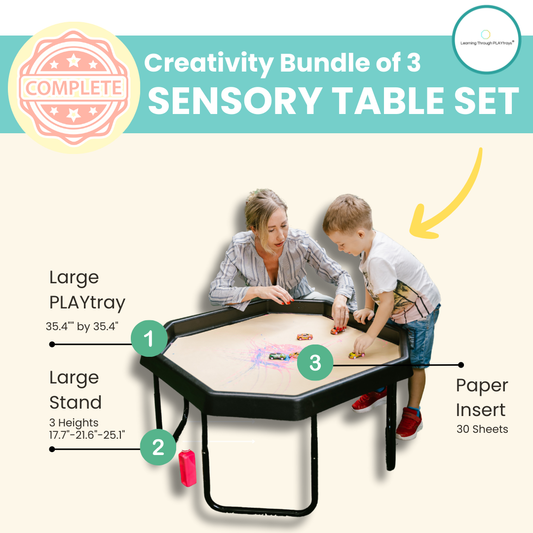 Large PLAYtray Creativity Bundle with adjustable stand and 30 eco-friendly paper inserts for sensory play.