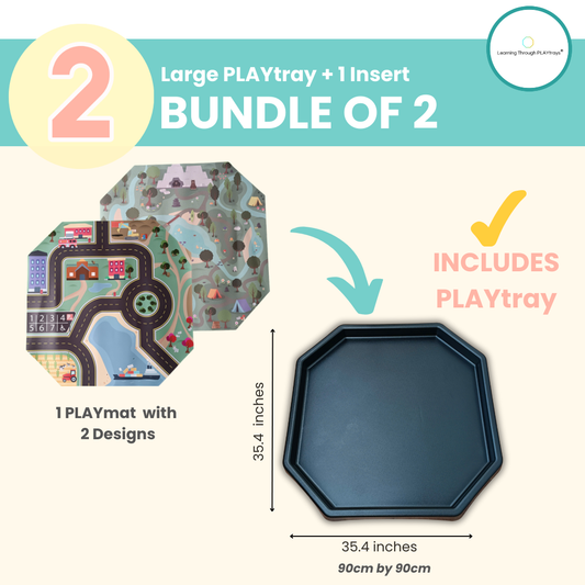 Large PLAYtray and double-sided Town/Park PLAYmat bundle, 35.4" x 35.4", includes black tray and sensory mat with town map and park scene.