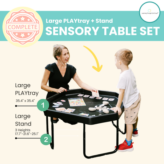 Large PLAYtray Bundle with Stand, sensory table set for children, black TUFF tray with adjustable stand, ideal for sensory play and educational activities.