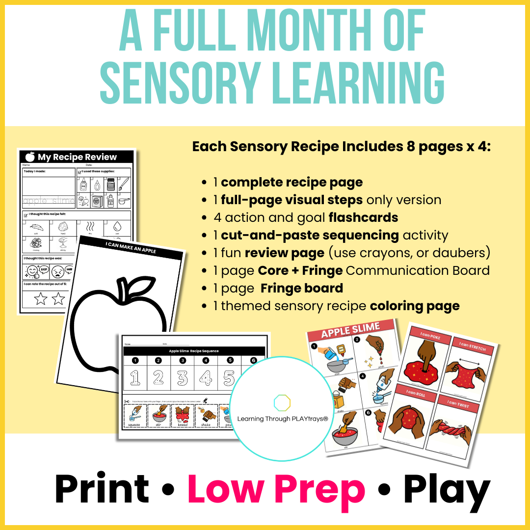 Educational materials for sensory learning with printables and a CD on a yellow background.