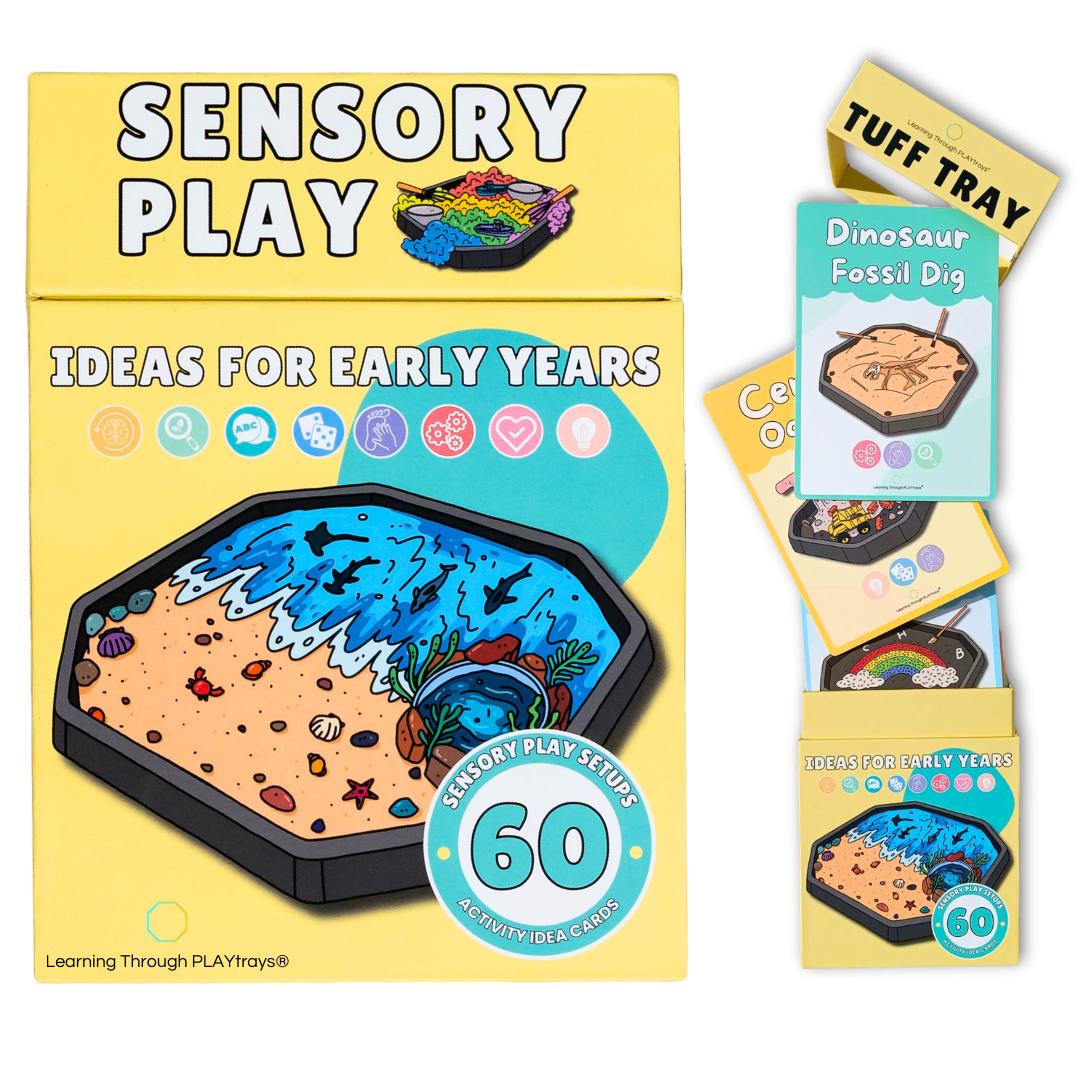 Box and cards set of 60 sensory play idea cards for early years by Learning Through PLAYtrays, featuring colorful illustrations and durable wooden card holder.