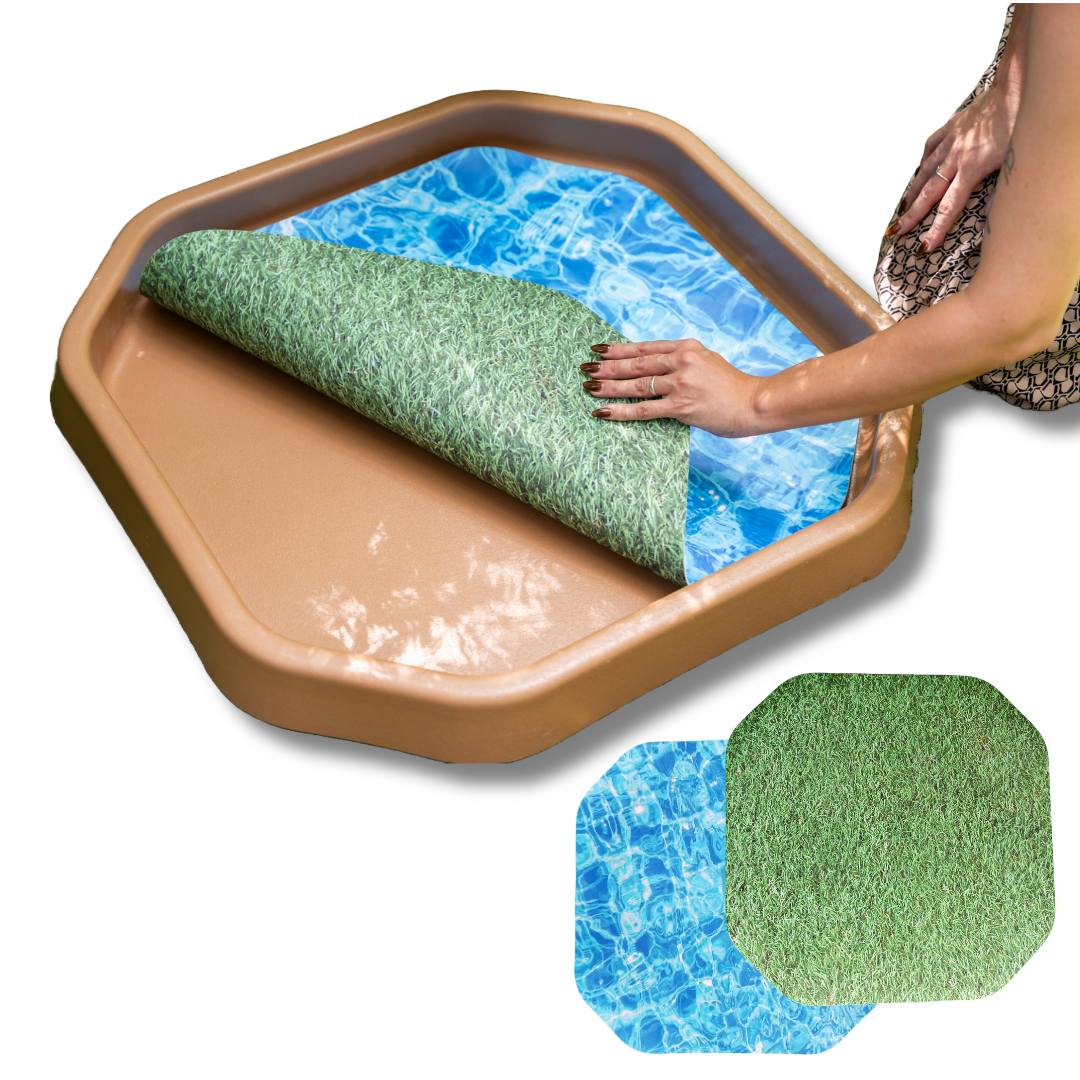 Small double-sided play mat insert with grass texture on one side and water texture on the other, designed for sensory play trays.