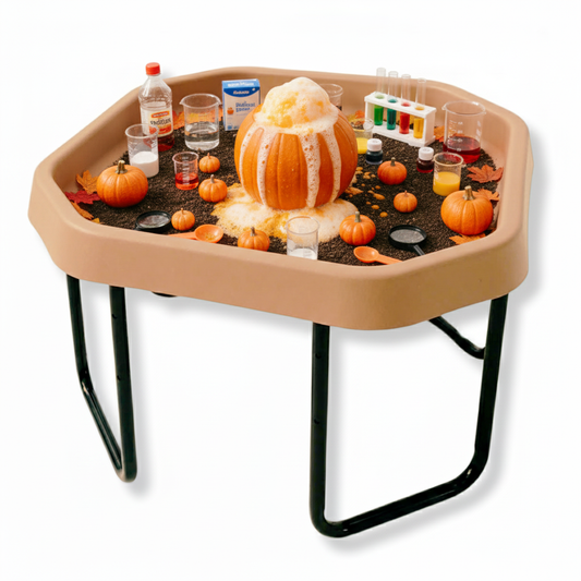 Small brown TUFF PLAYtray with black adjustable stand set for sensory and educational play activities