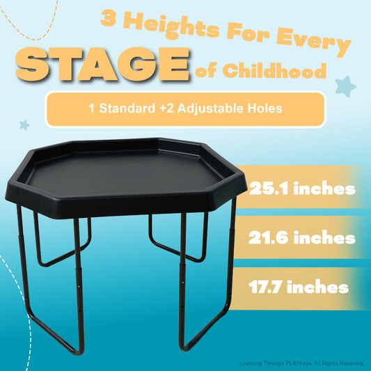 Large black TUFF PLAYtray with adjustable stand showing height options for sensory play.