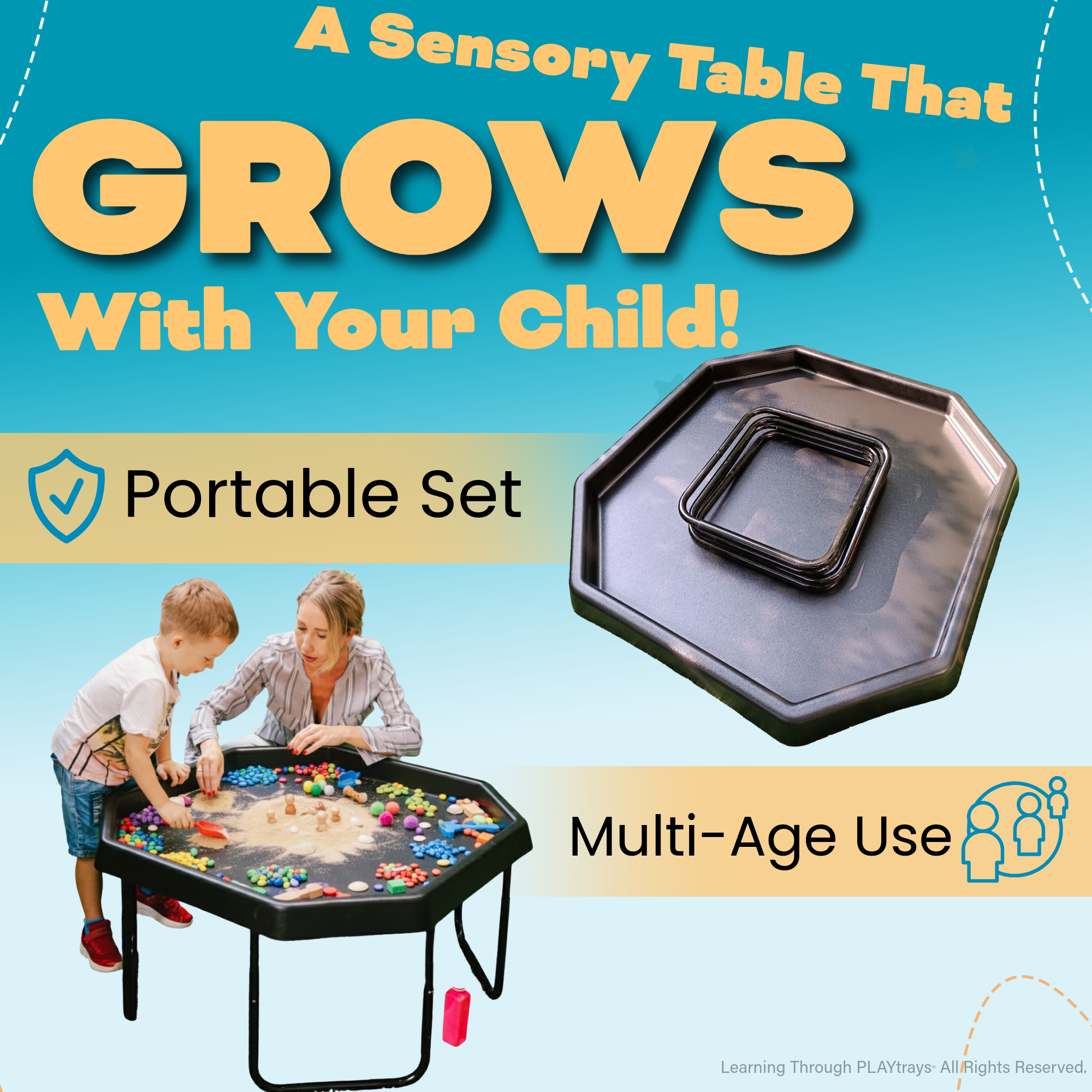 Sensory table with text highlighting features like 'grows with your child', 'portable set', and 'multi-age use'.