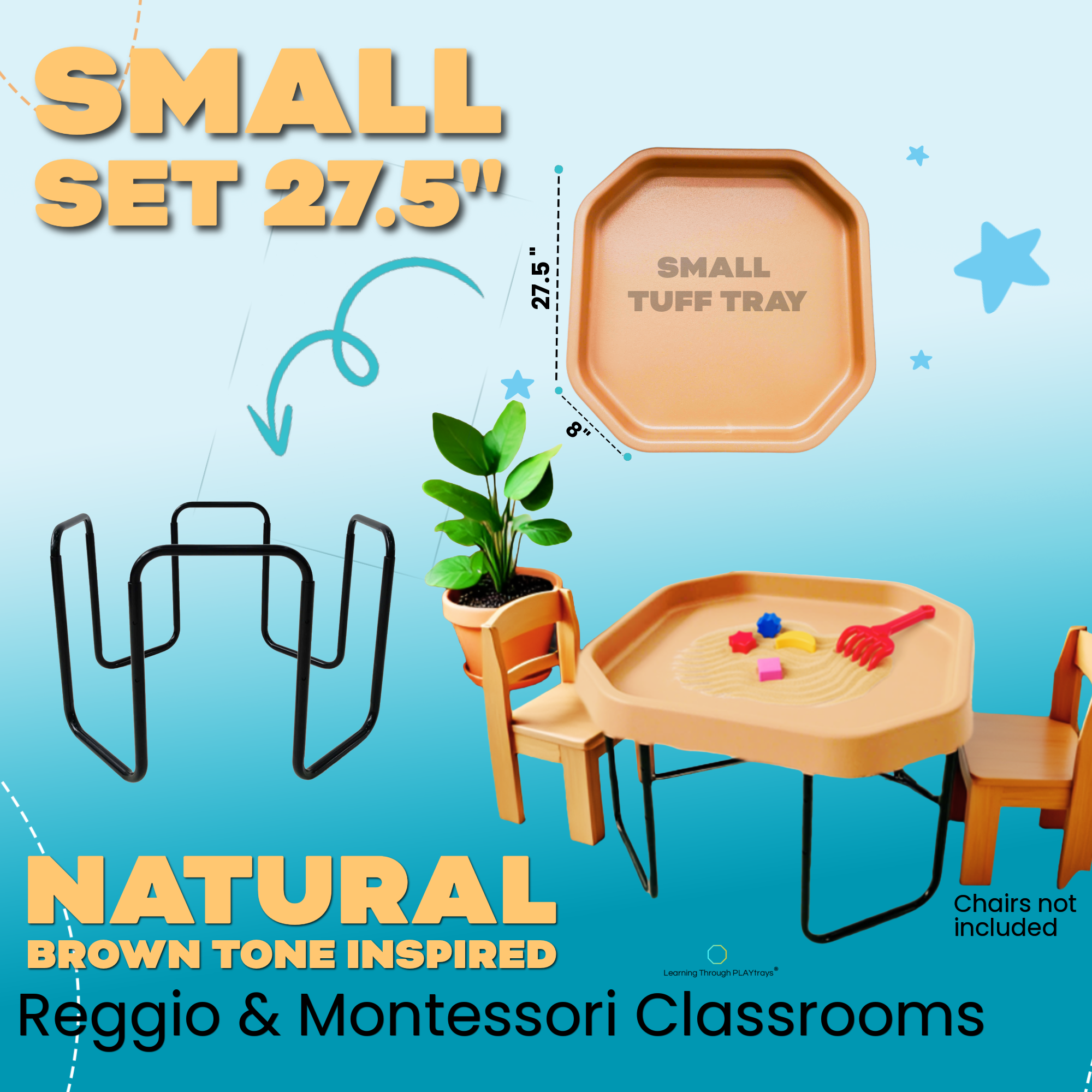 Children's playset with table, chairs, and tuff tray on a blue background