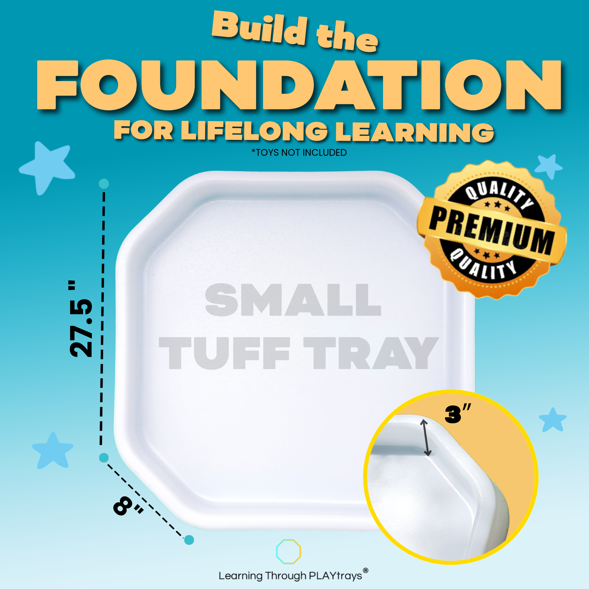 Small Tuff Tray with dimensions and quality badge on a blue background