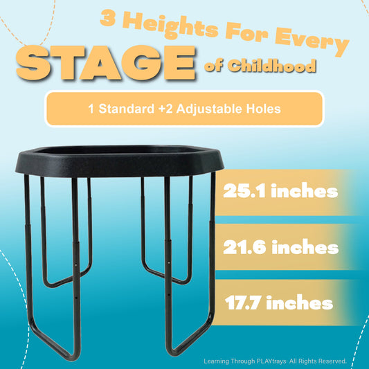 Small TUFF PLAYtray and stand showing adjustable heights for different stages of childhood.