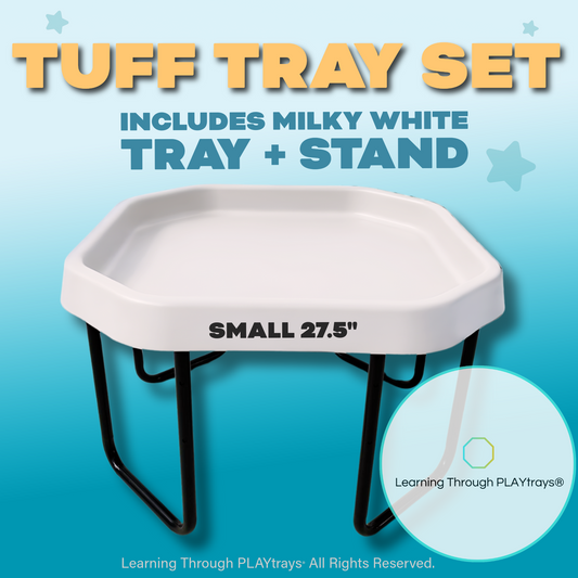 Small white Tuff Tray and adjustable black stand set for sensory and STEM play, 27.5-inch milky white textured surface.