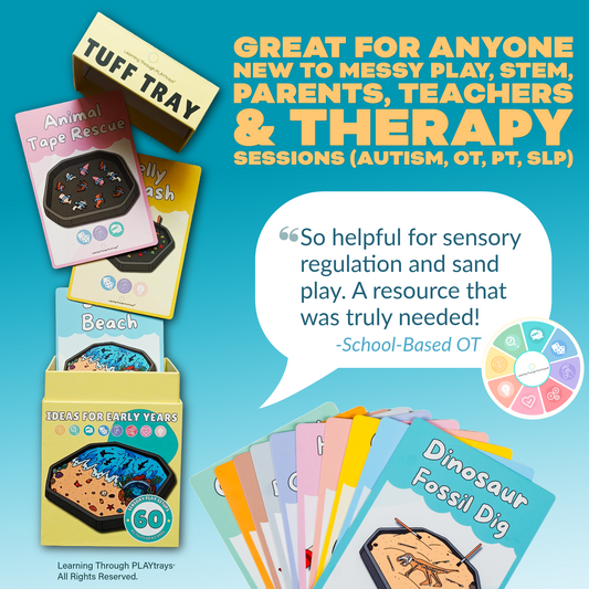 Set of 60 sensory play activity cards by Learning Through PLAYtrays for early years learning with wooden holder and guide booklet.