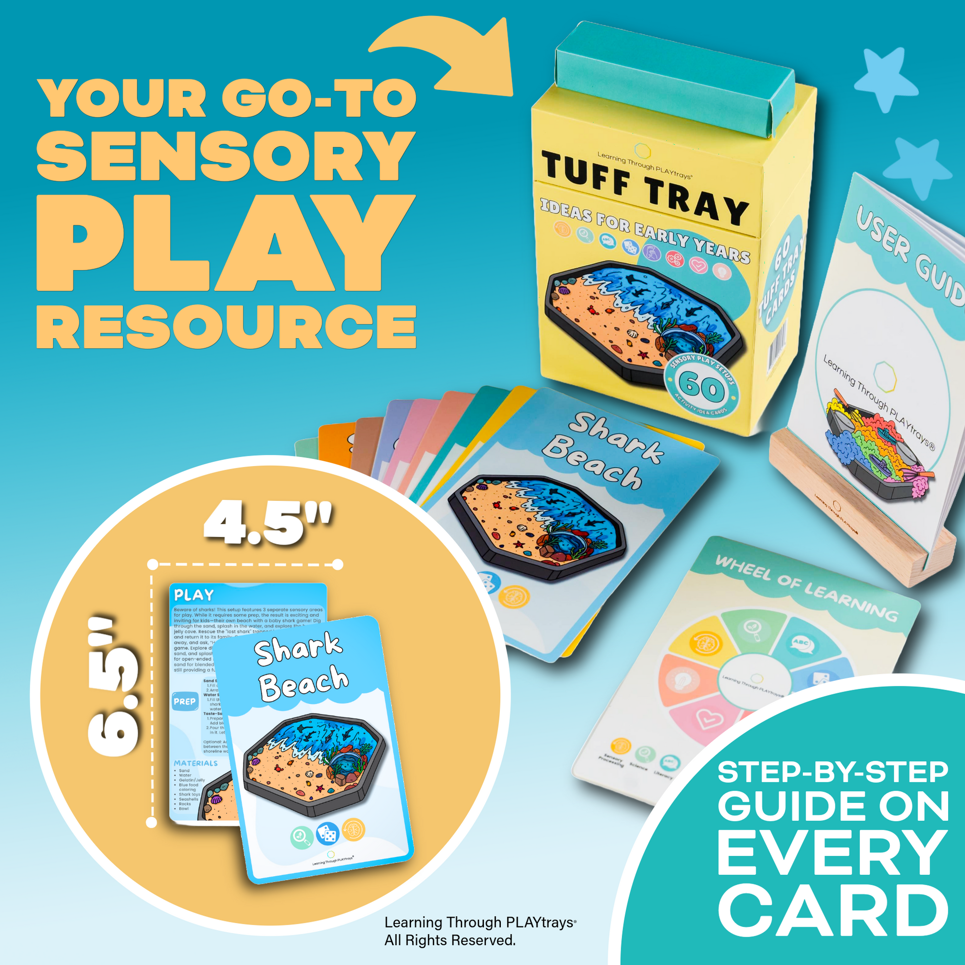Set of 60 sensory play Tuff Tray cards with step-by-step guides, wooden holder, and activity ideas for early years learning.