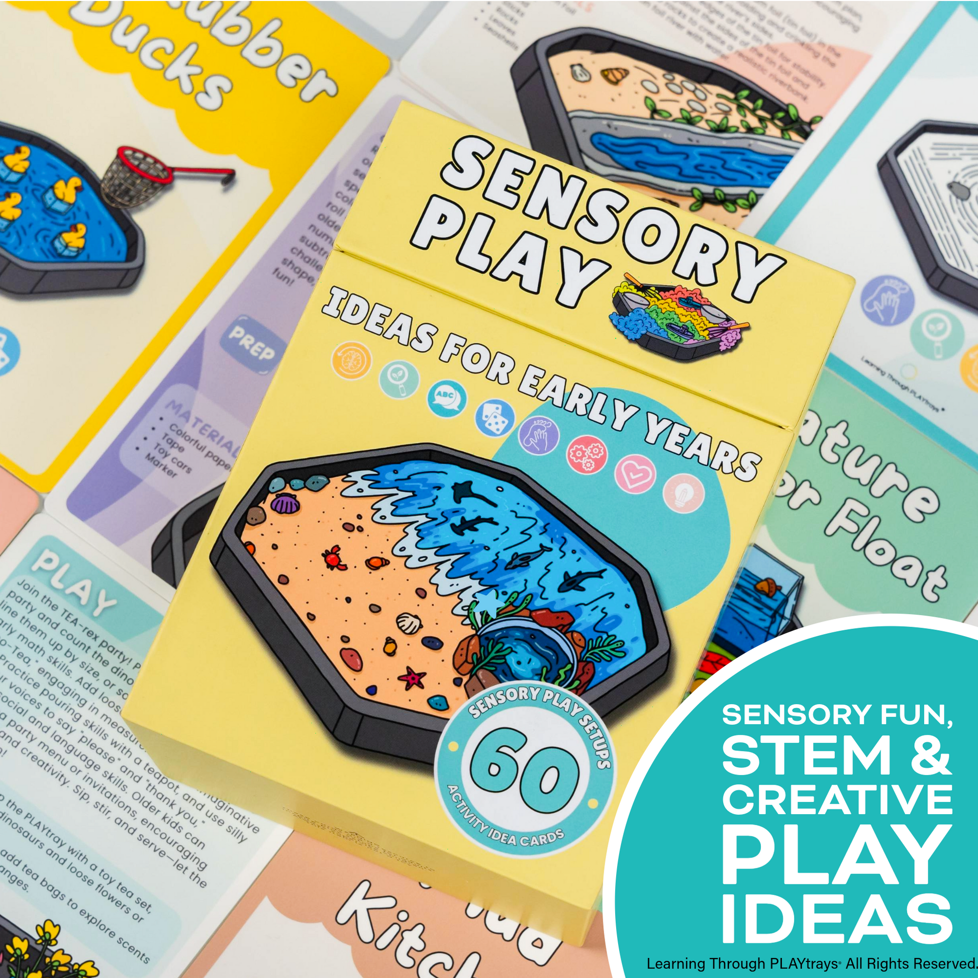 Sensory play idea cards set with colorful illustrations for early years learning and STEM activities