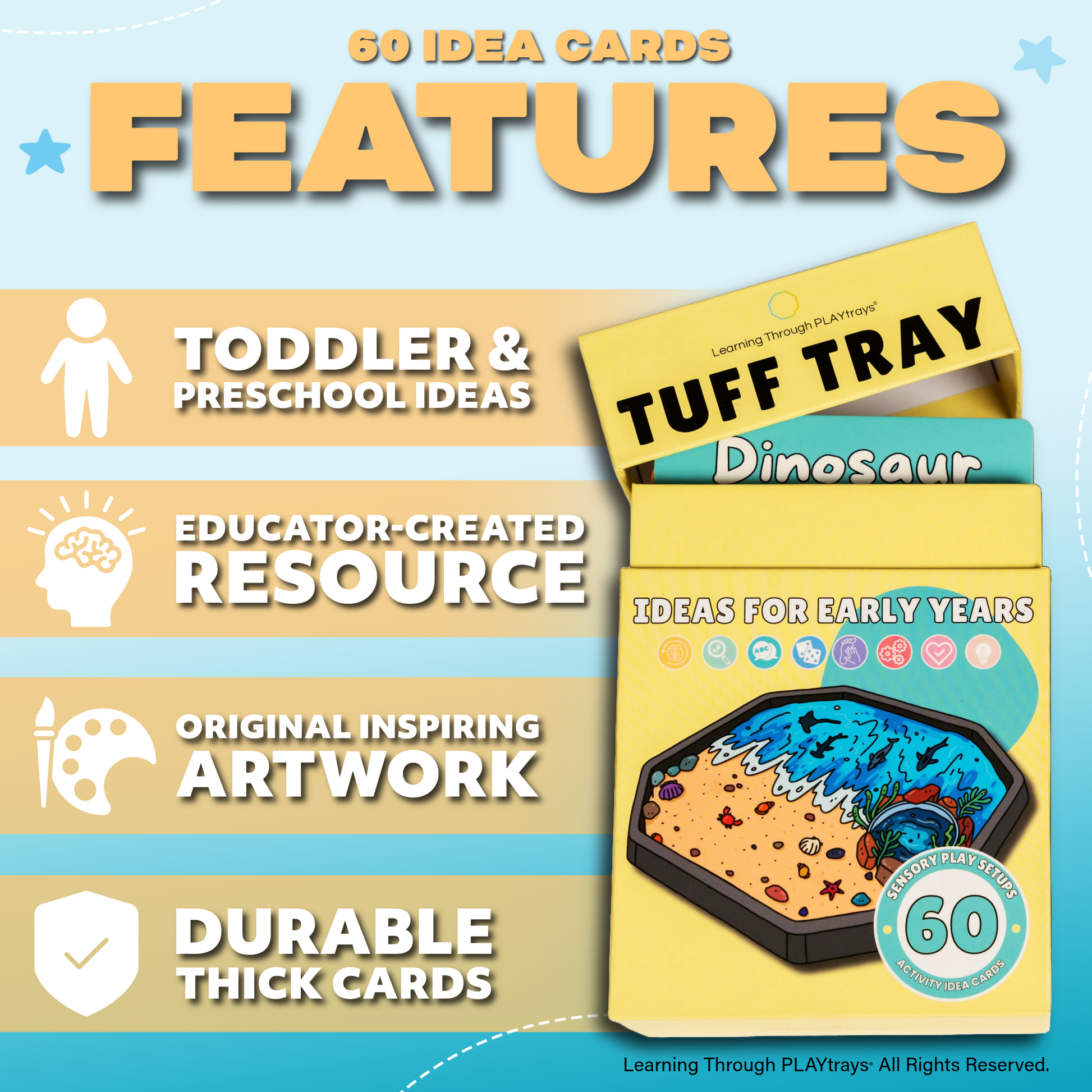 Set of 60 sensory play idea cards with durable, educator-created, hand-drawn artwork for toddler and preschool sensory trays.