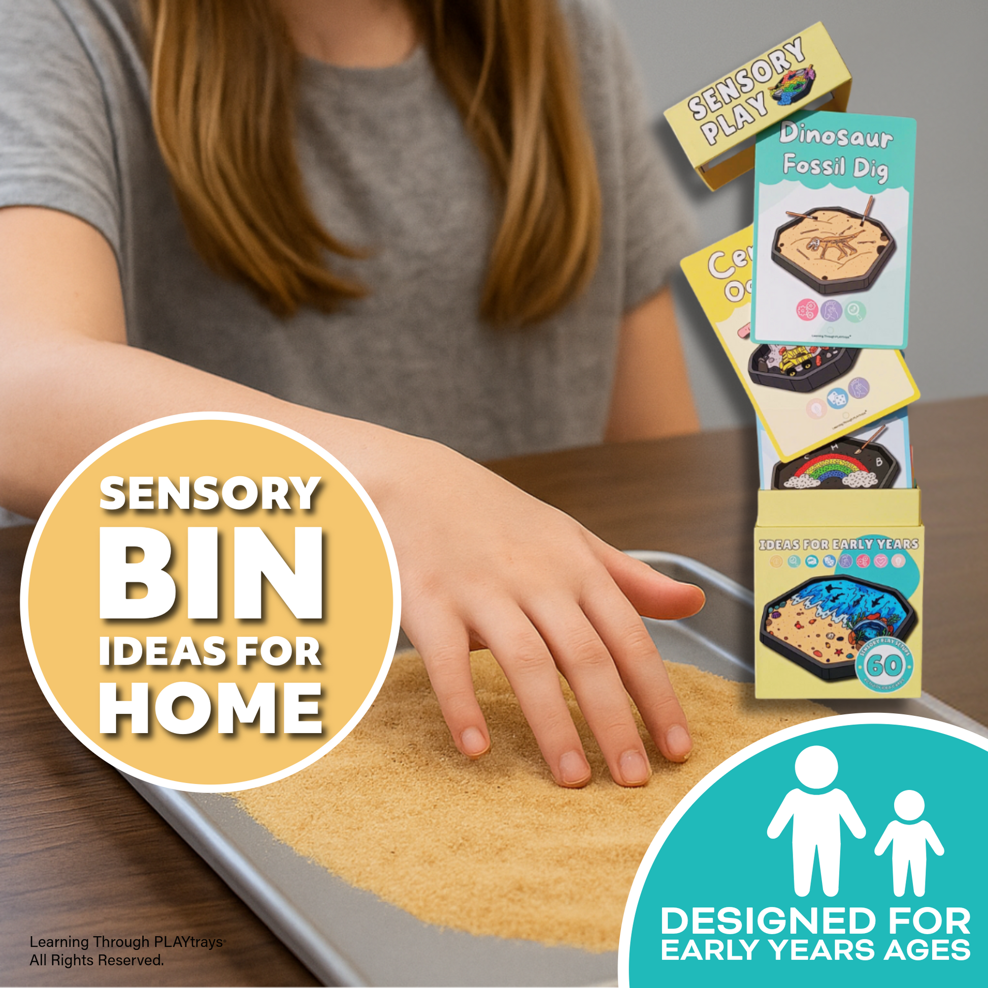 Child using sensory play sand tray with 60 Tuff Tray sensory bin idea cards displayed next to them