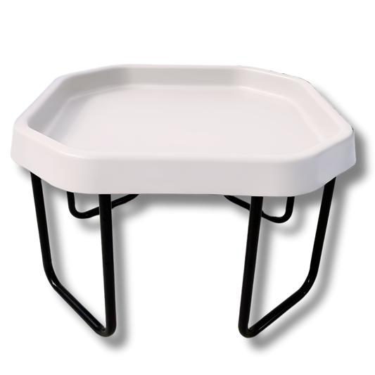 Small white tuff tray with adjustable black stand for sensory and STEM play