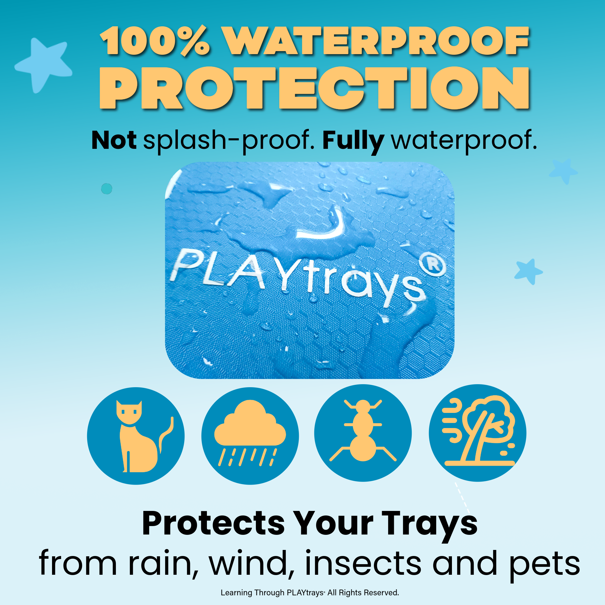 Advertisement for PLAYtrays with waterproof tuff tray protection features about pets, rain and weather. 