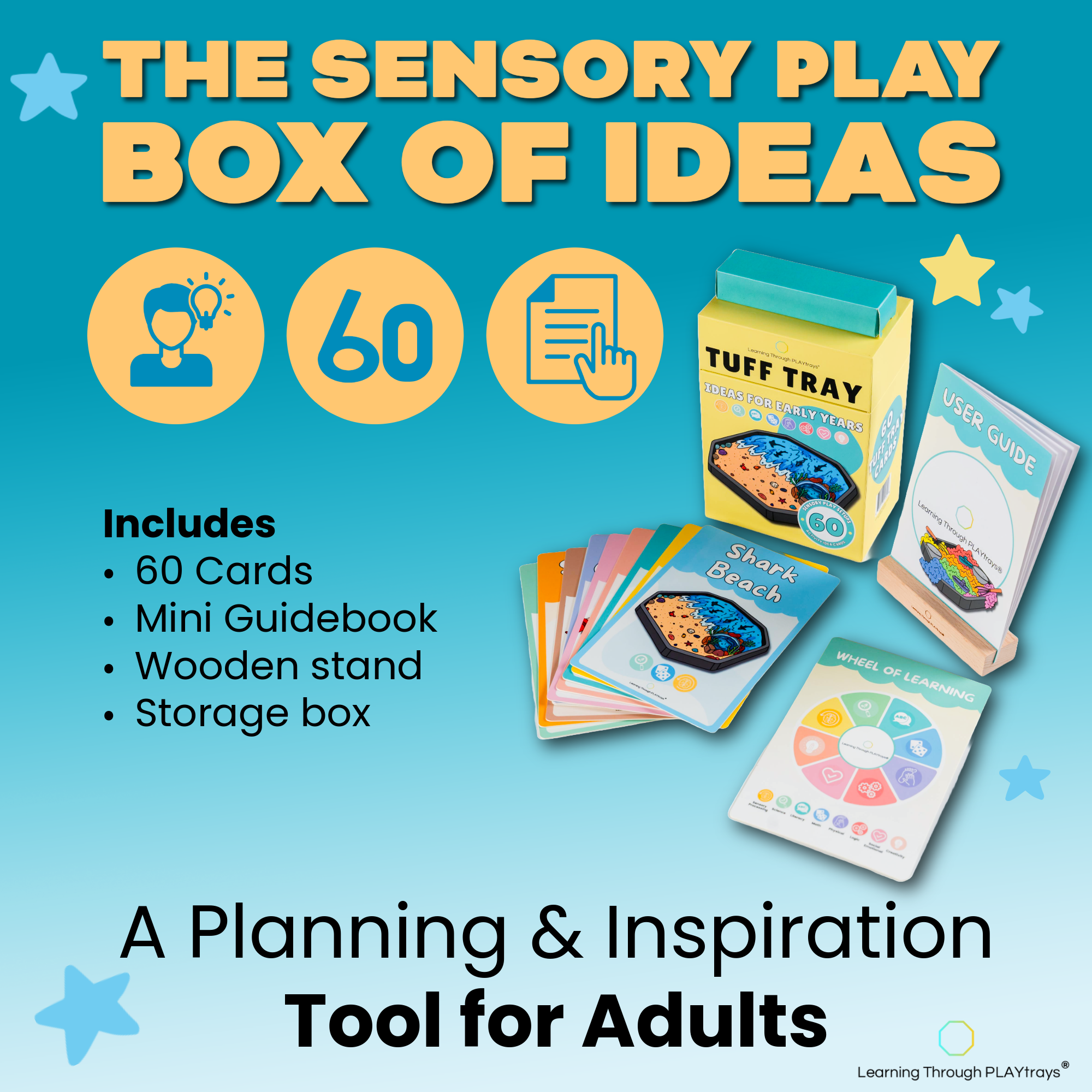 Sensory play box with cards, guidebook, and storage box on a blue background