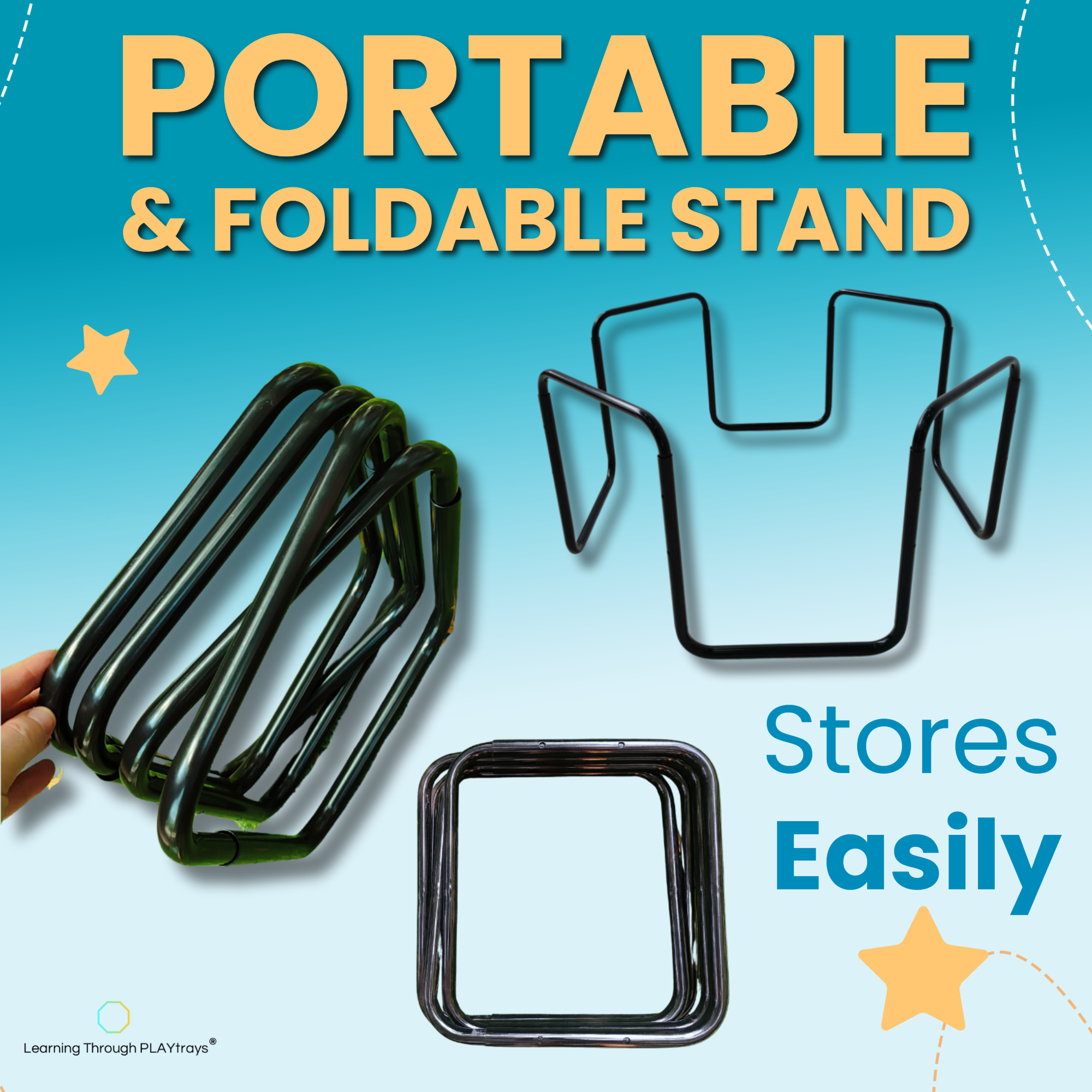 Portable and foldable play tray stand with text on a blue background