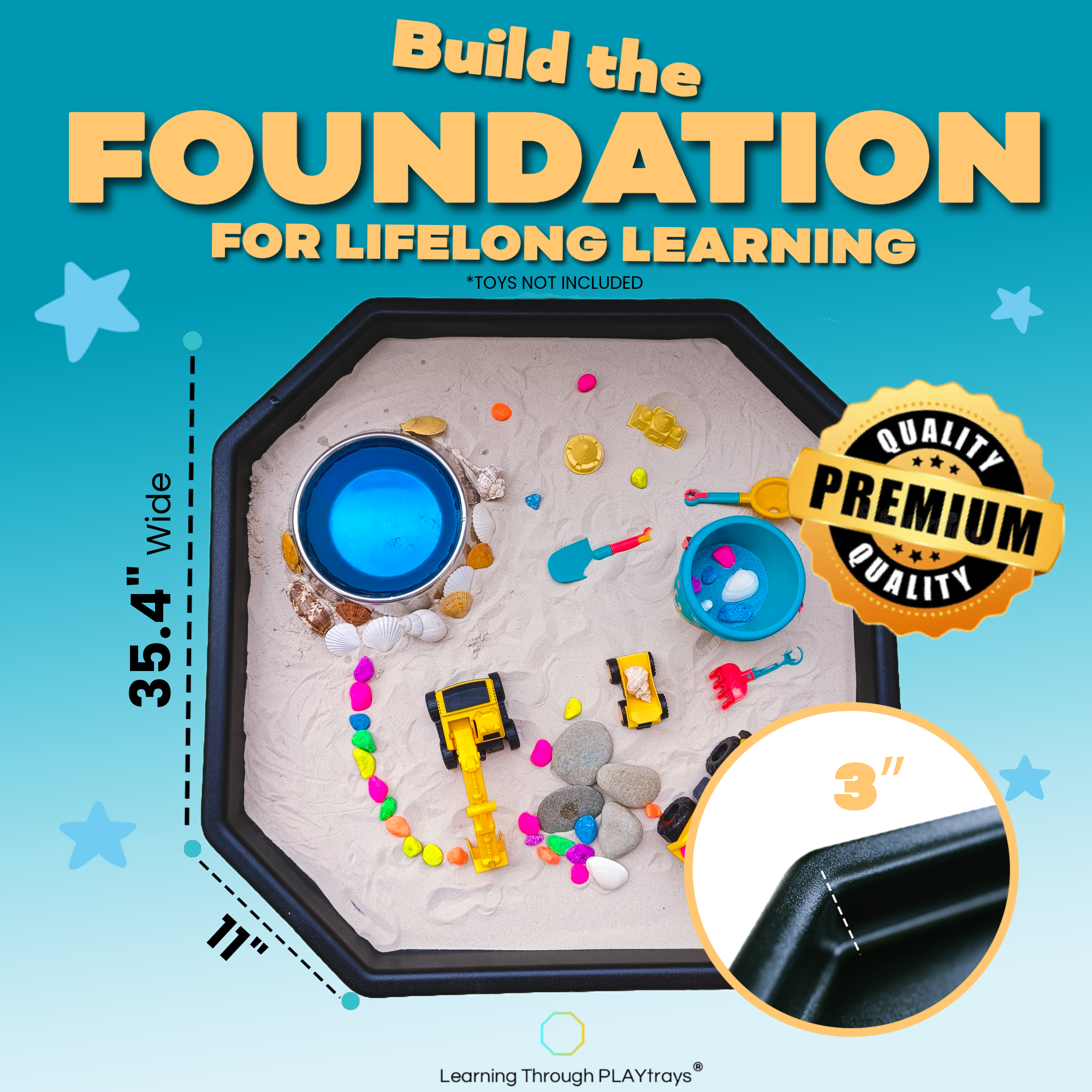 Play tray with toys and sand, labeled 'Build the Foundation for Lifelong Learning' by Learning Through PLAYtrays.