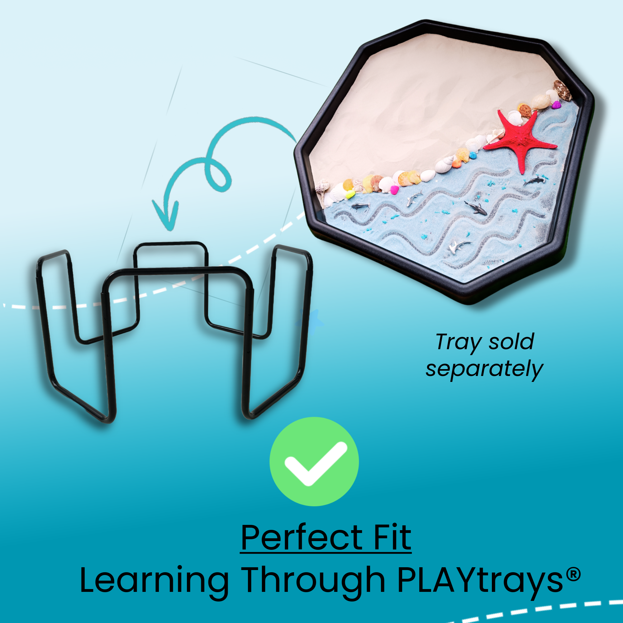 Learning Through PLAYtrays product with tuff tray and stand on a blue gradient background