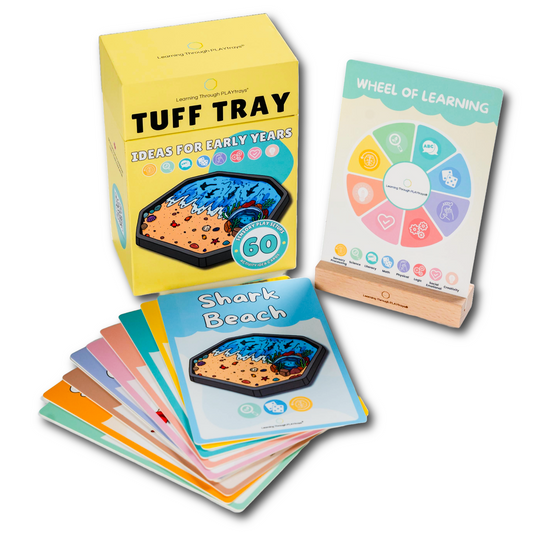 Sensory tuff tray cards by Learning Through PLAYtrays, featuring 60 activity cards with prep, play, and materials instructions for early years learning.