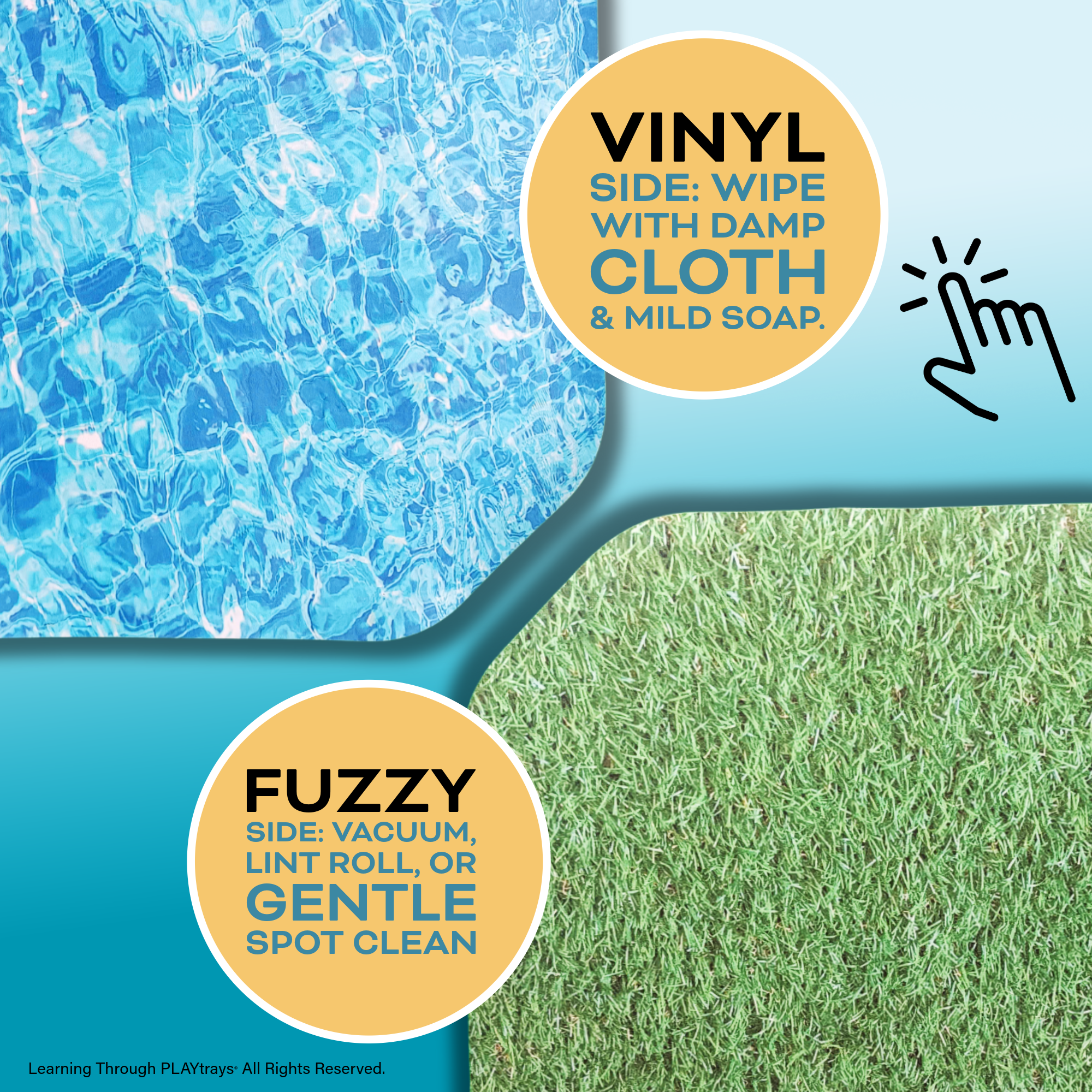 Double-sided small sensory play mat insert with vinyl water texture and fuzzy grass texture for toddlers and kids.