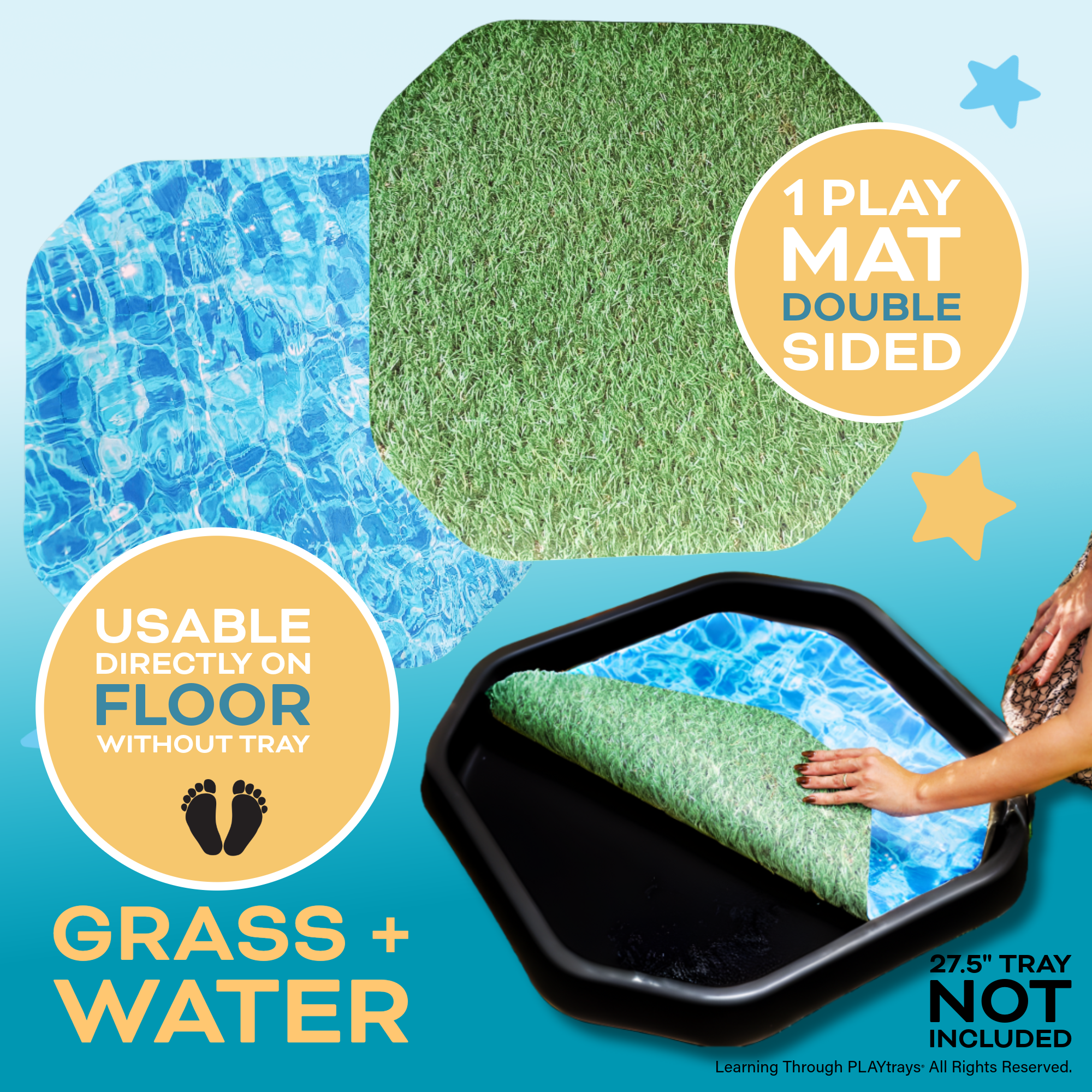 Double-sided small play mat insert with grass felt on one side and smooth water vinyl on the other, designed for sensory play.
