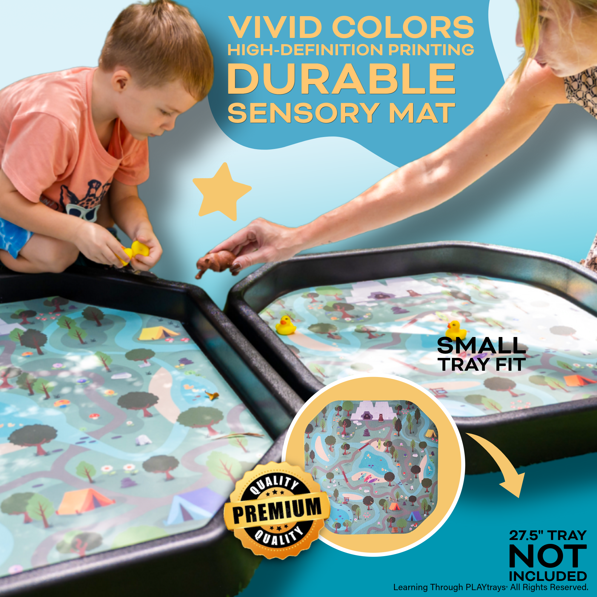 Children playing on double-sided small town and park sensory play mat insert designed for small trays with vivid colors and durable surface