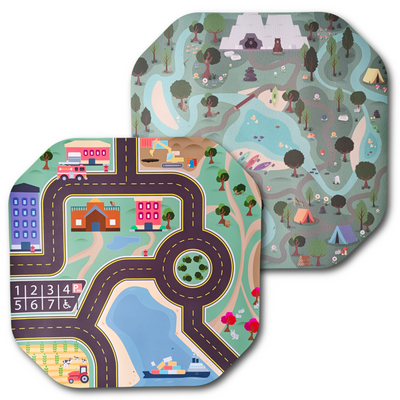 Small double-sided Play Mat Insert featuring a town layout on one side and a park scene on the other, designed to fit 2024 Small TUFF Tray for imaginative small world and sensory play.