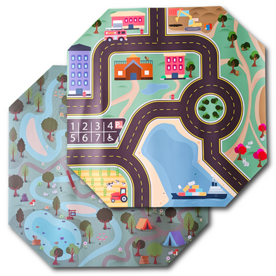 Double-sided TUFF Tray play mat with colorful town scene featuring roads and buildings on one side, and a scenic park with ponds and trees on the other.