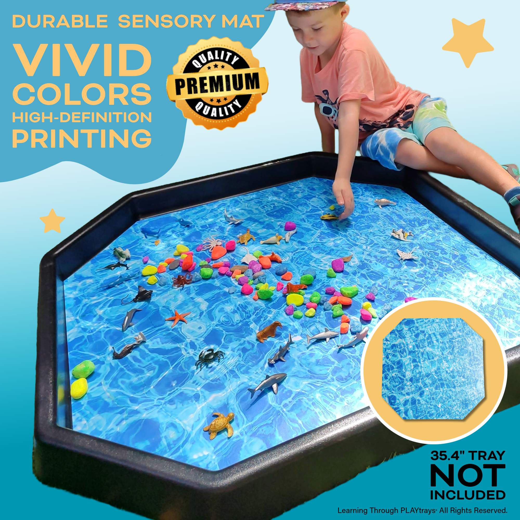 Child playing with colorful toy sea animals on double-sided large sensory play mat insert featuring vivid water scene, designed for 35.4-inch tray or floor use.